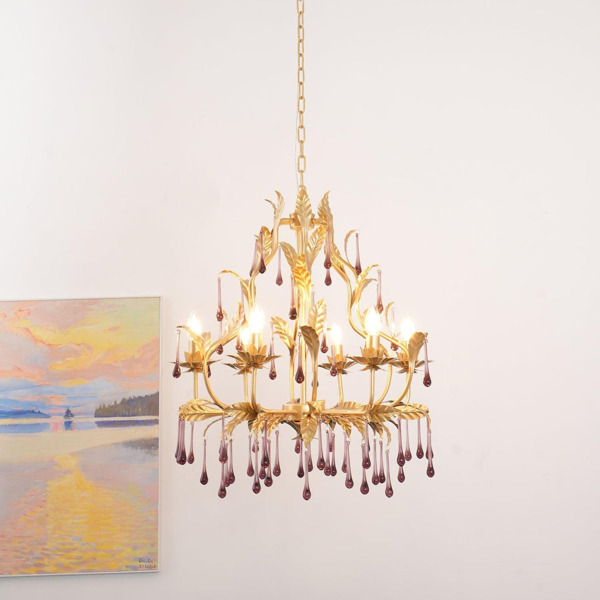Orienaine hanglamp met paarse druppels en goudkleurige bladeren