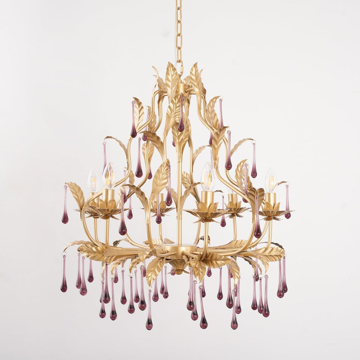 Orienaine hanglamp met paarse druppels en goudkleurige bladeren
