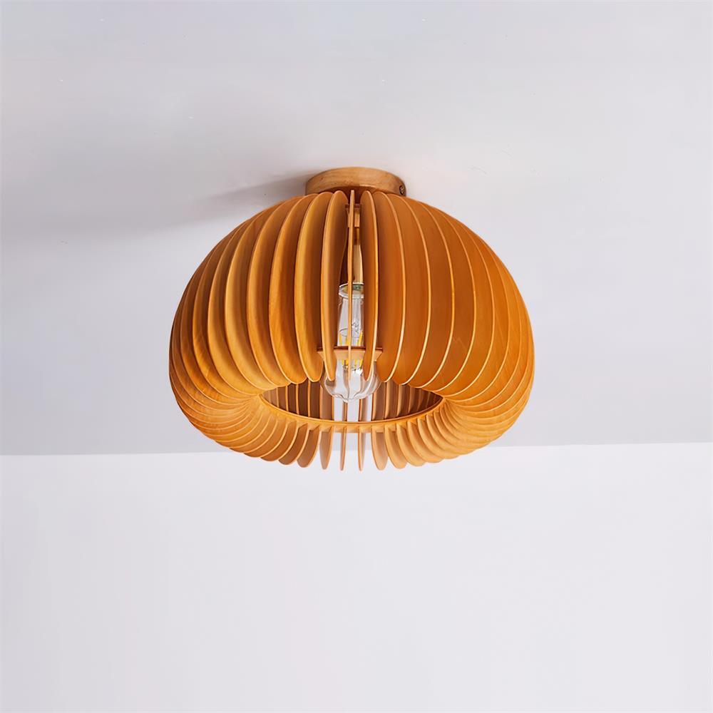 Plafondlamp pompoen met basshoutkap en -kapje natuurlijk