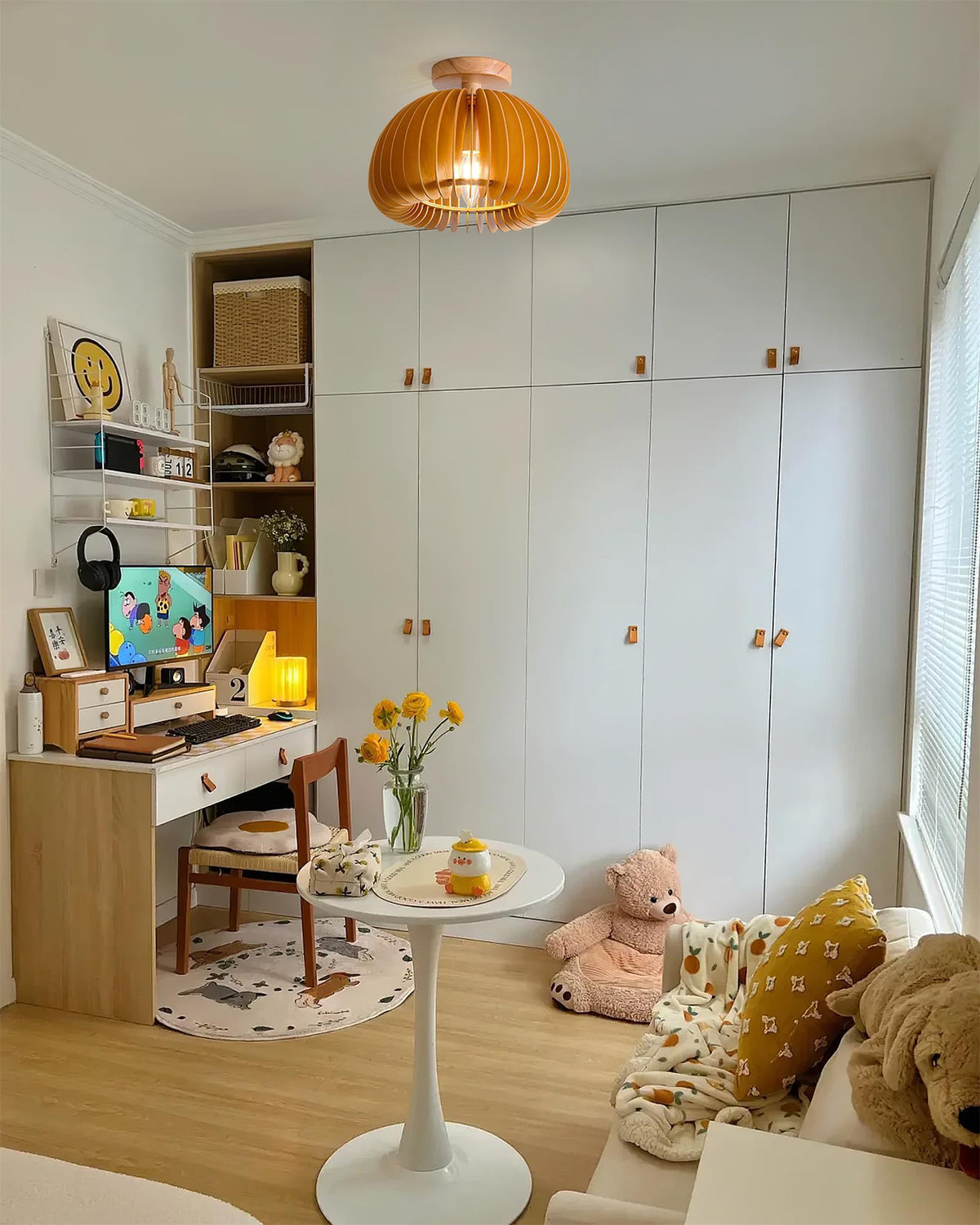 Plafondlamp pompoen met basshoutkap en -kapje natuurlijk