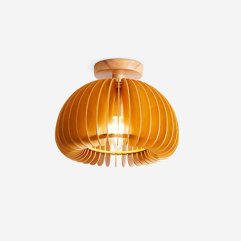 Plafondlamp pompoen met basshoutkap en -kapje natuurlijk