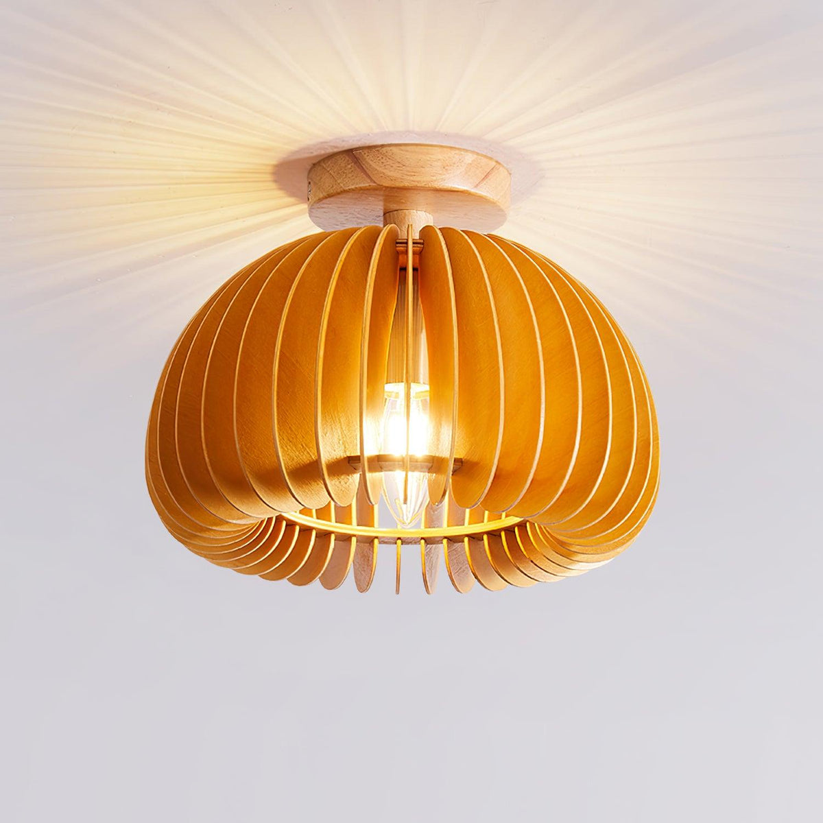Plafondlamp pompoen met basshoutkap en -kapje natuurlijk