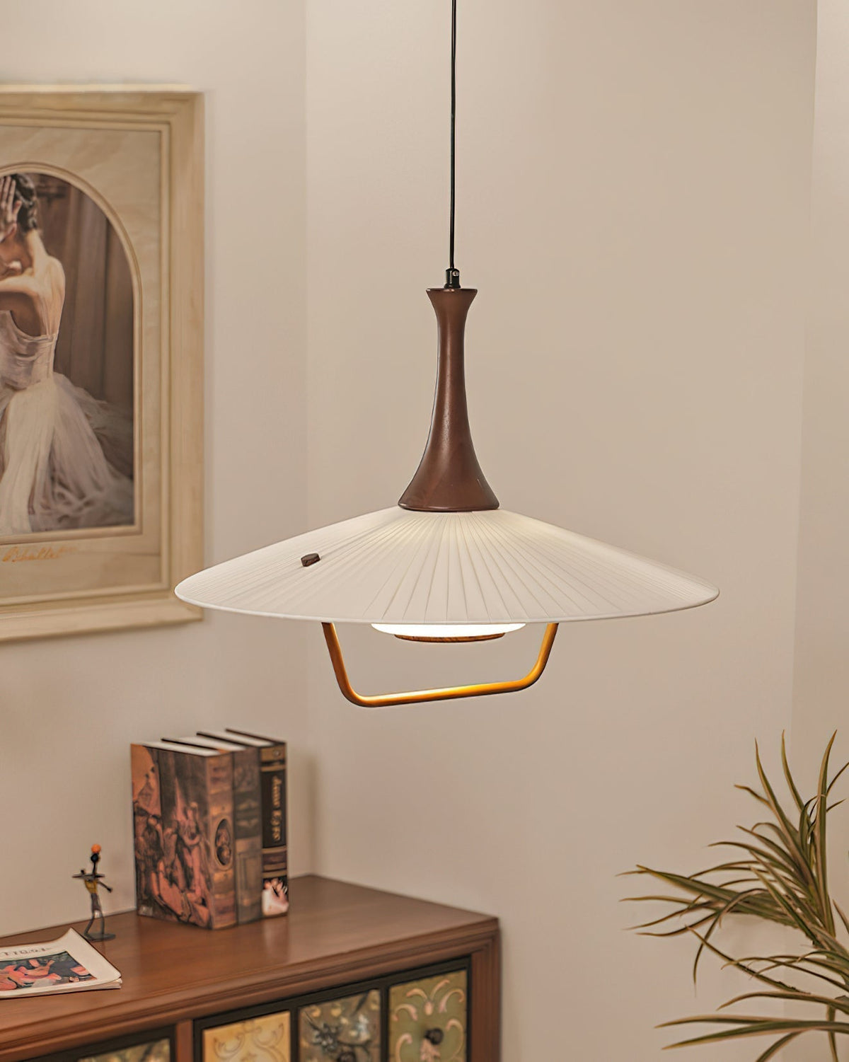 Vionne Mid-Century hanglamp van walnoothout en witte kap