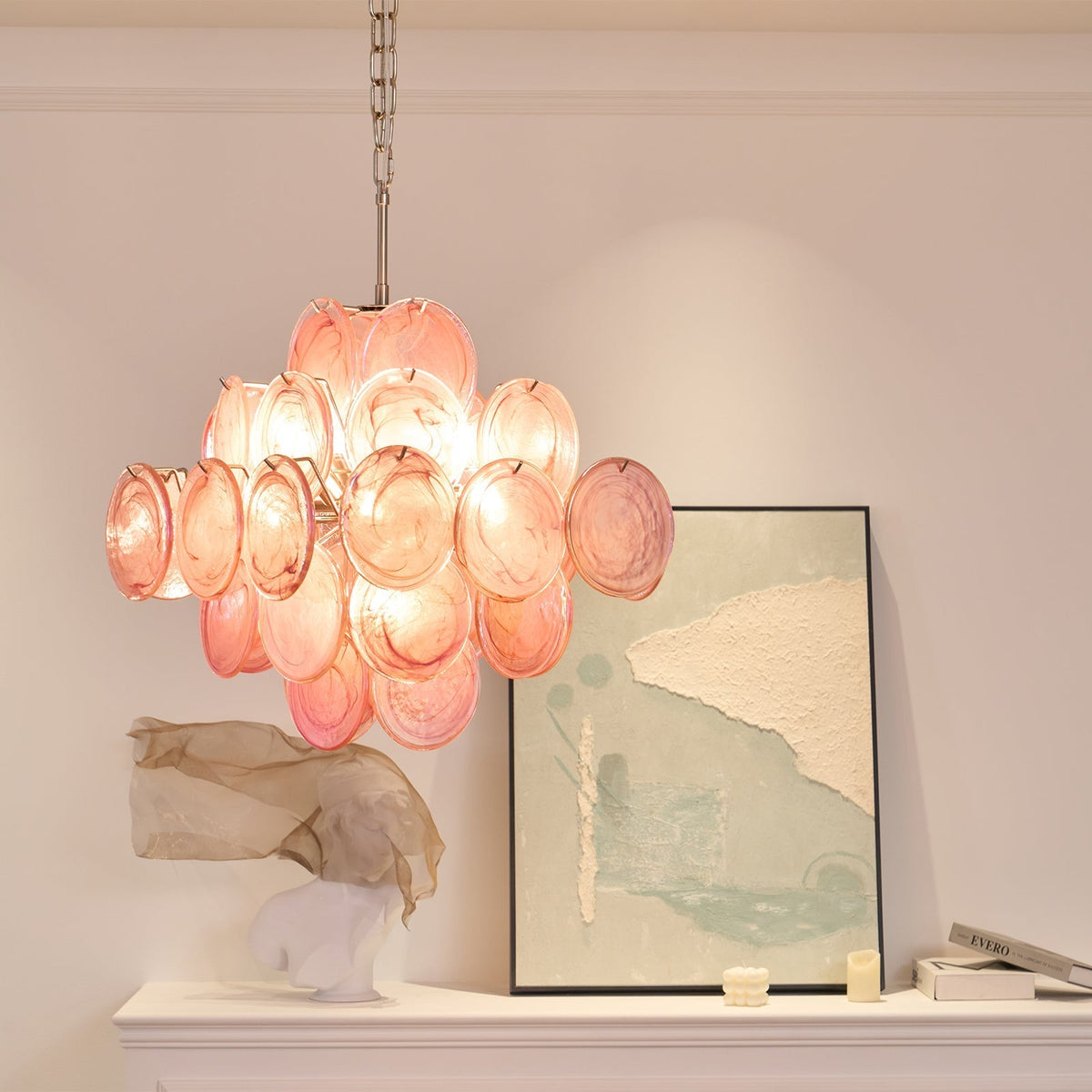 Celeian Kroonluchter Roze Iridescent Glazen Schijven Gelaagd Romantisch