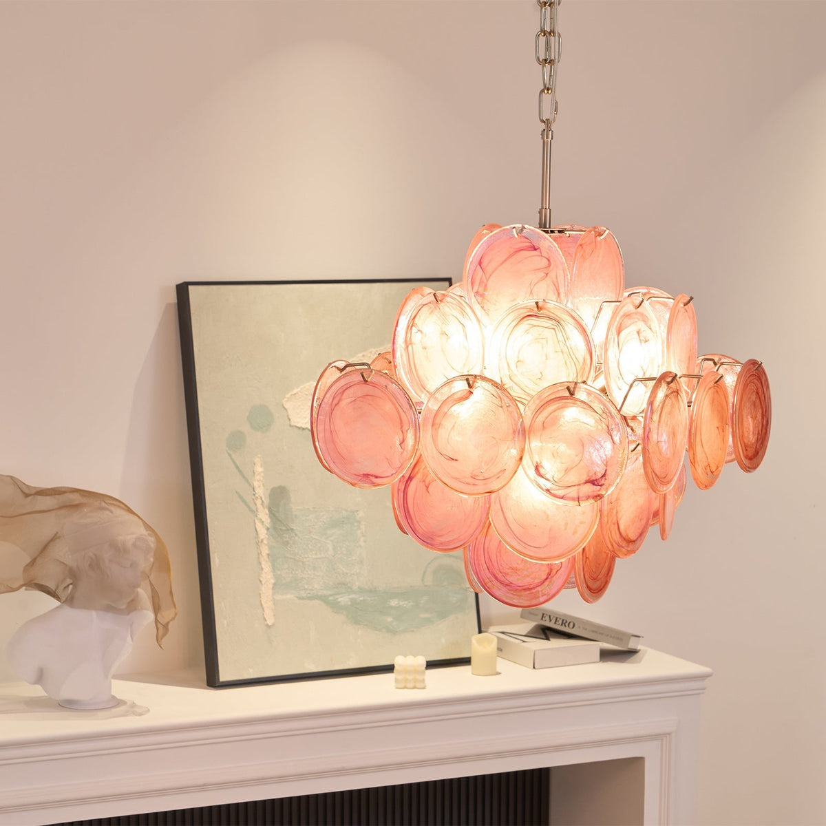Celeian Kroonluchter Roze Iridescent Glazen Schijven Gelaagd Romantisch