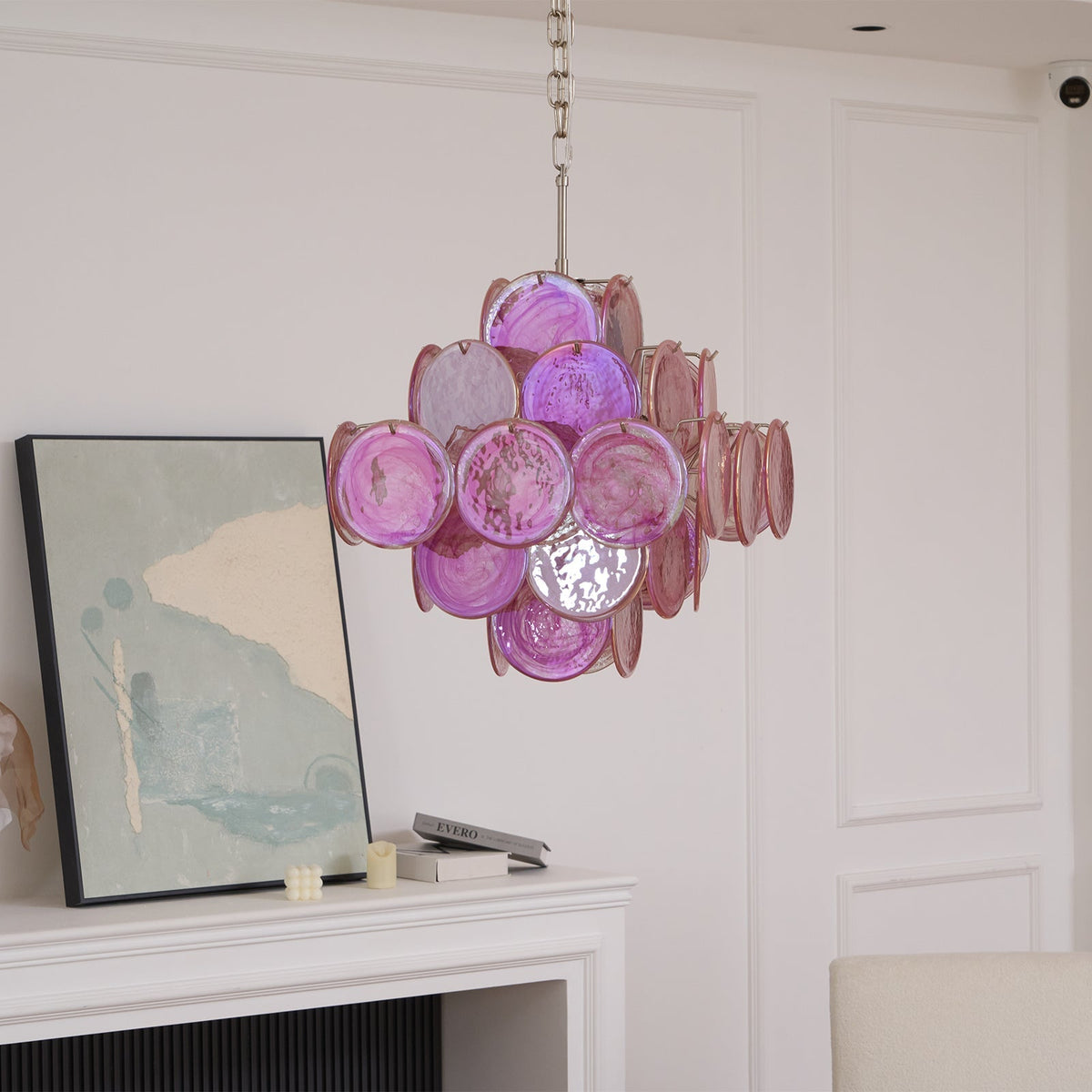 Celeian Kroonluchter Roze Iridescent Glazen Schijven Gelaagd Romantisch