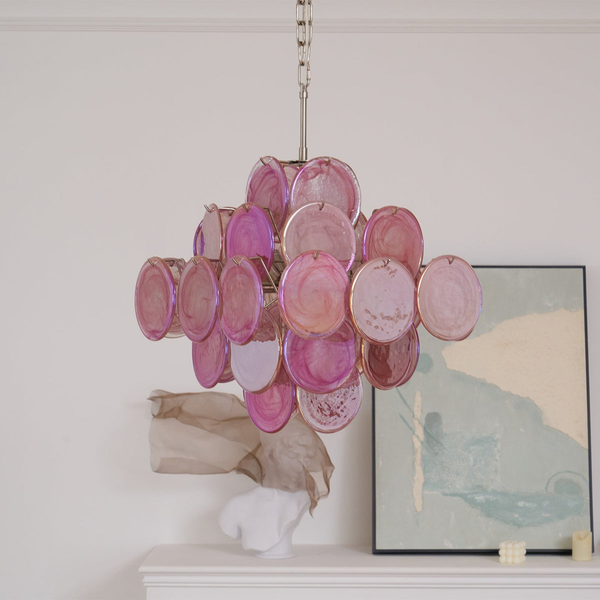 Celeian Kroonluchter Roze Iridescent Glazen Schijven Gelaagd Romantisch
