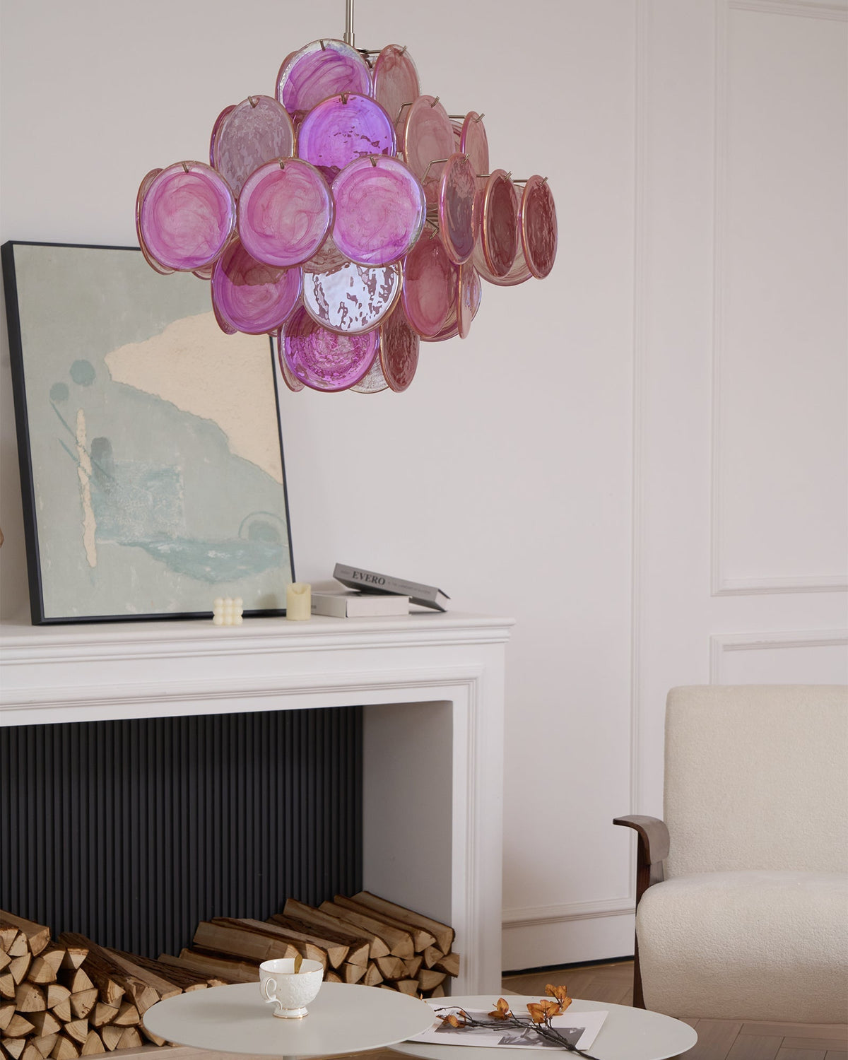 Celeian Kroonluchter Roze Iridescent Glazen Schijven Gelaagd Romantisch