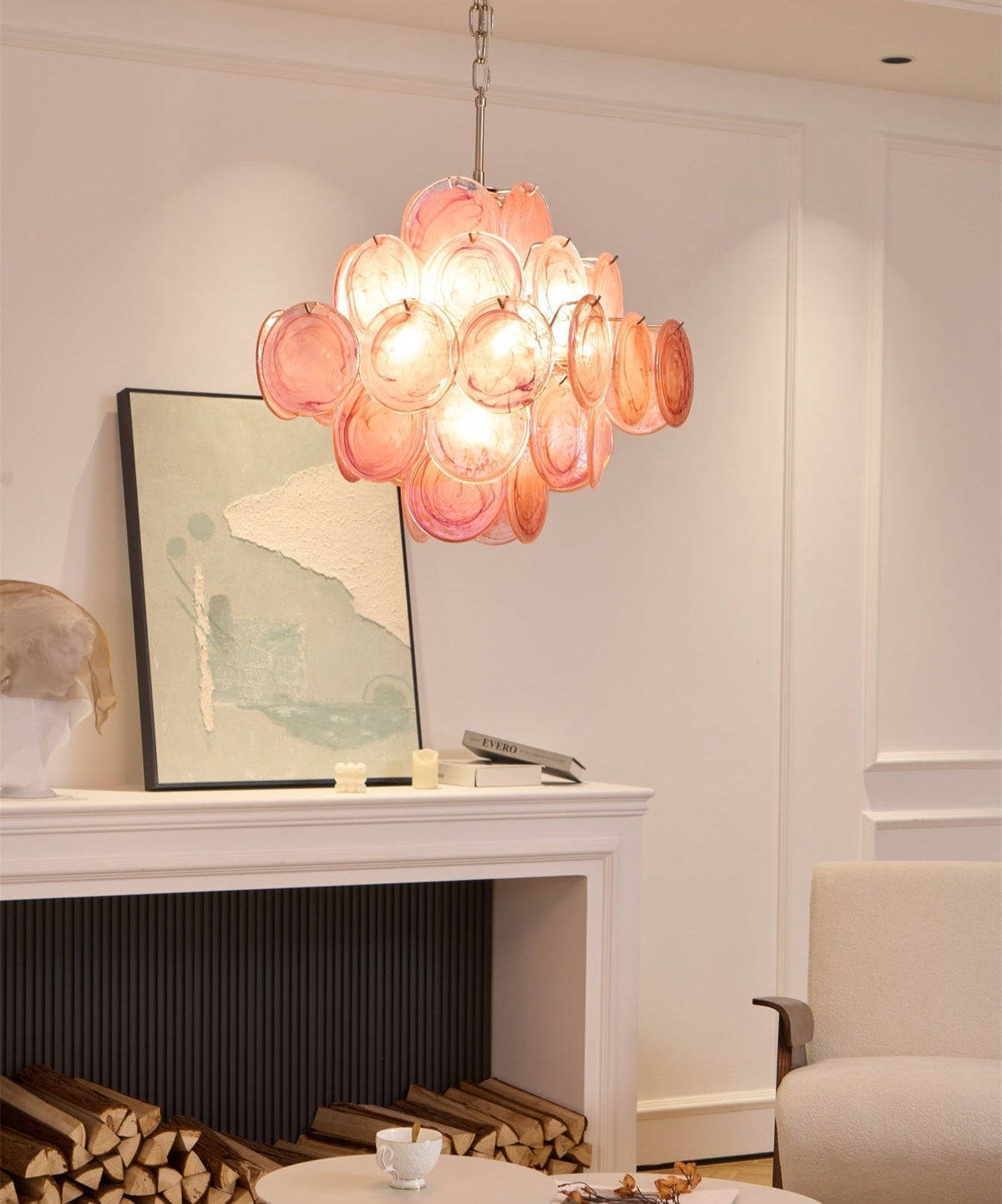 Celeian Kroonluchter Roze Iridescent Glazen Schijven Gelaagd Romantisch