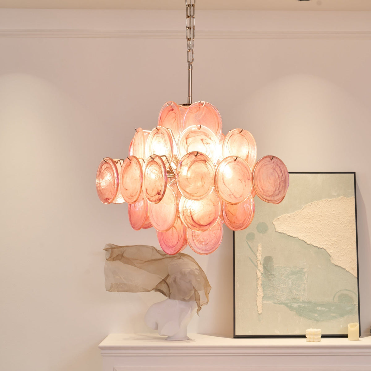 Celeian Kroonluchter Roze Iridescent Glazen Schijven Gelaagd Romantisch