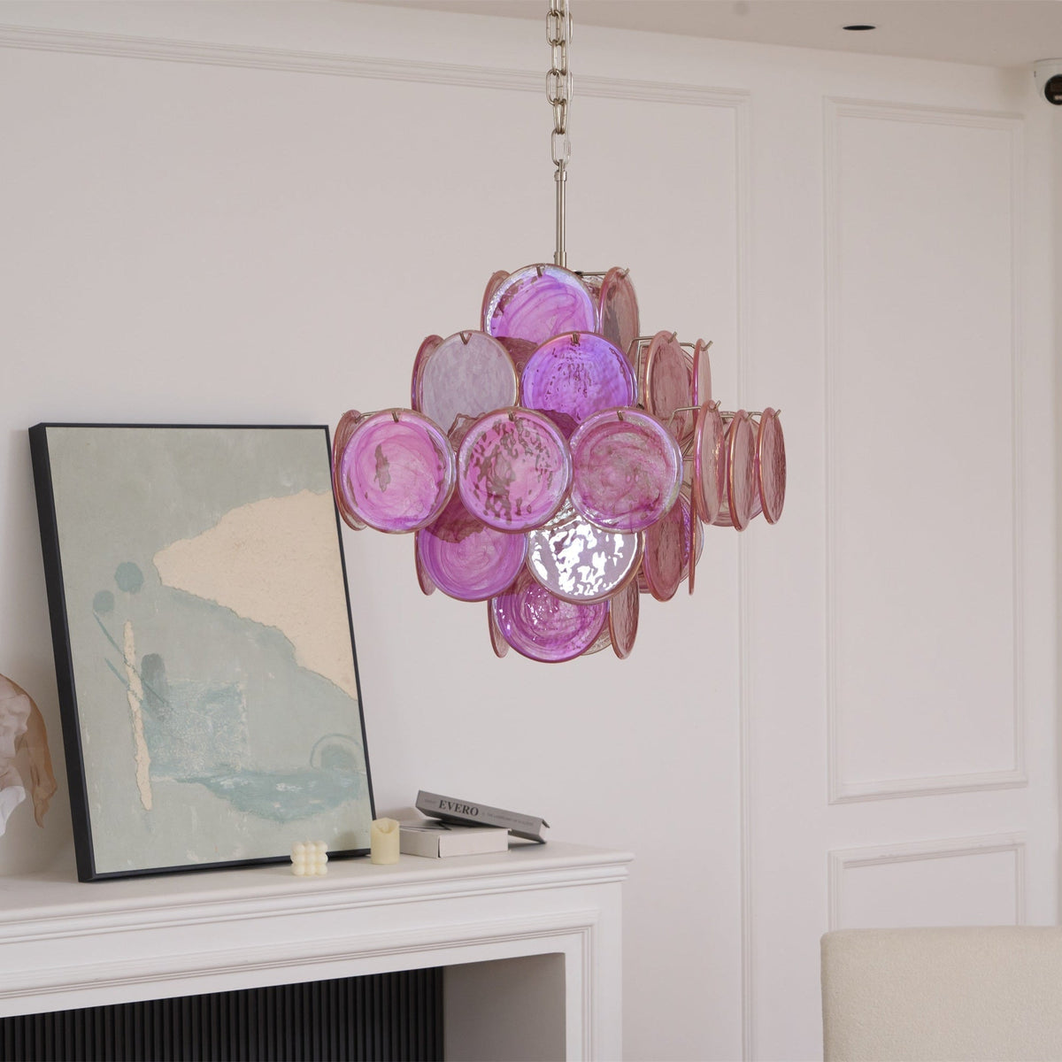 Celeian Kroonluchter Roze Iridescent Glazen Schijven Gelaagd Romantisch