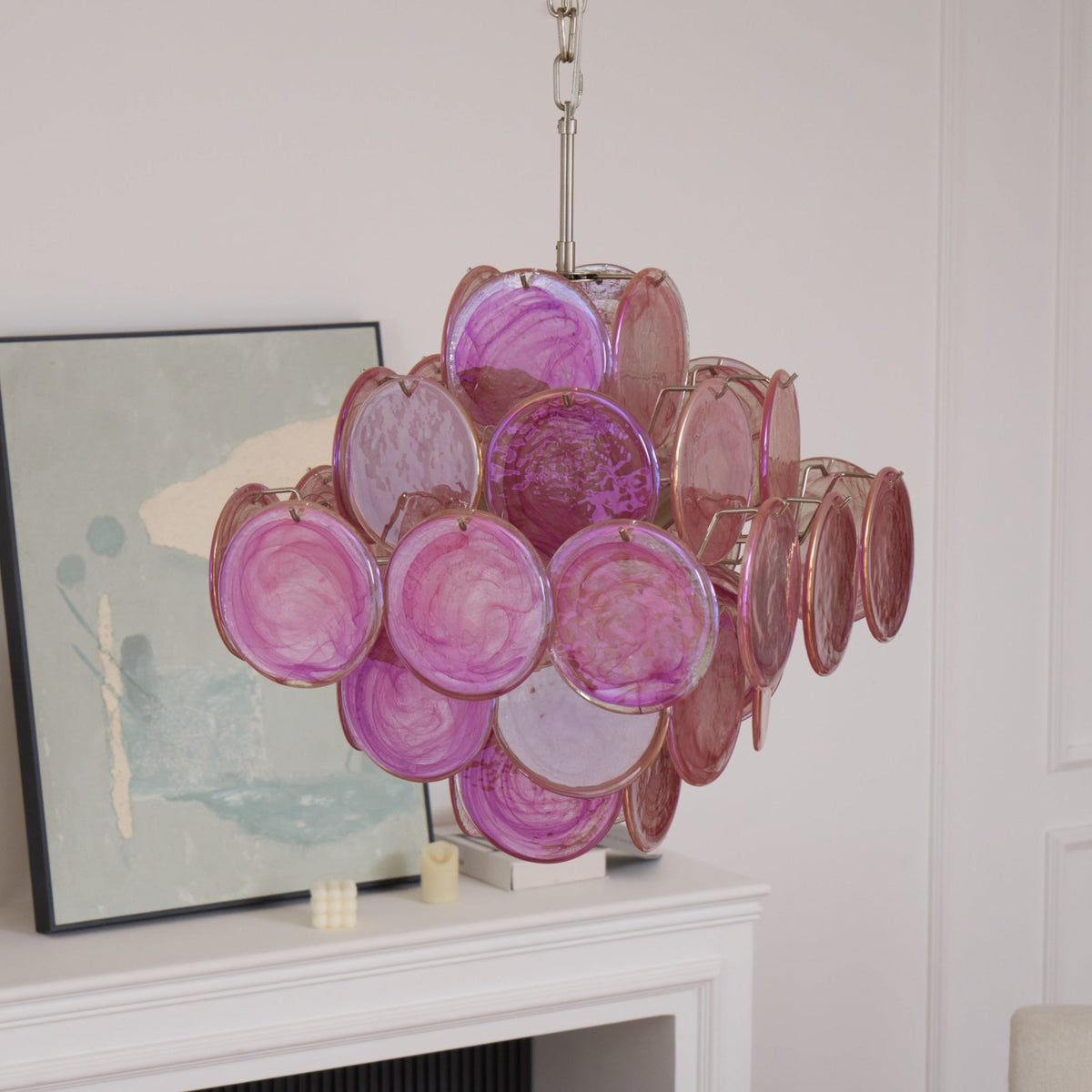 Celeian Kroonluchter Roze Iridescent Glazen Schijven Gelaagd Romantisch