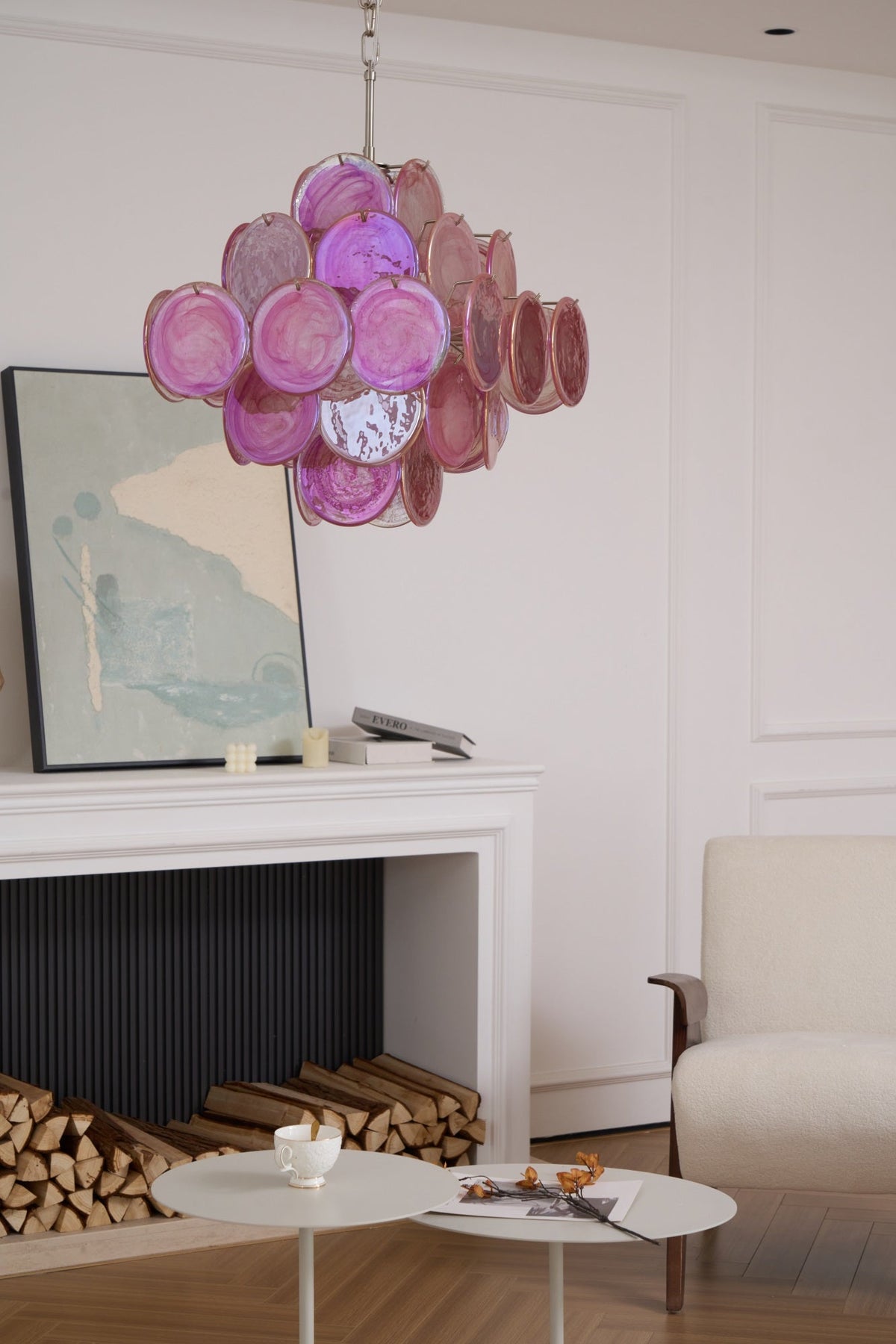 Celeian Kroonluchter Roze Iridescent Glazen Schijven Gelaagd Romantisch