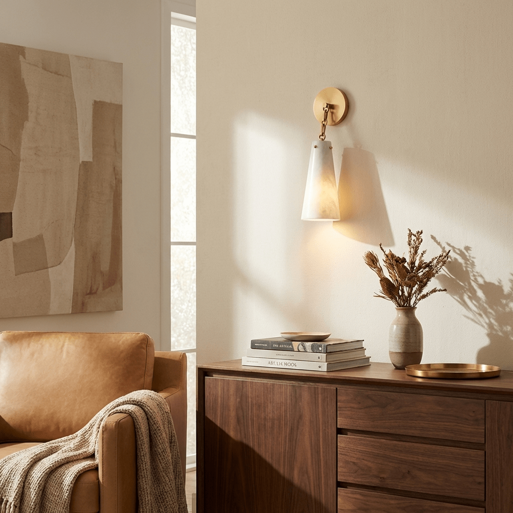 Alborelle aflopende albasten wandlamp met goudkleurige afwerking