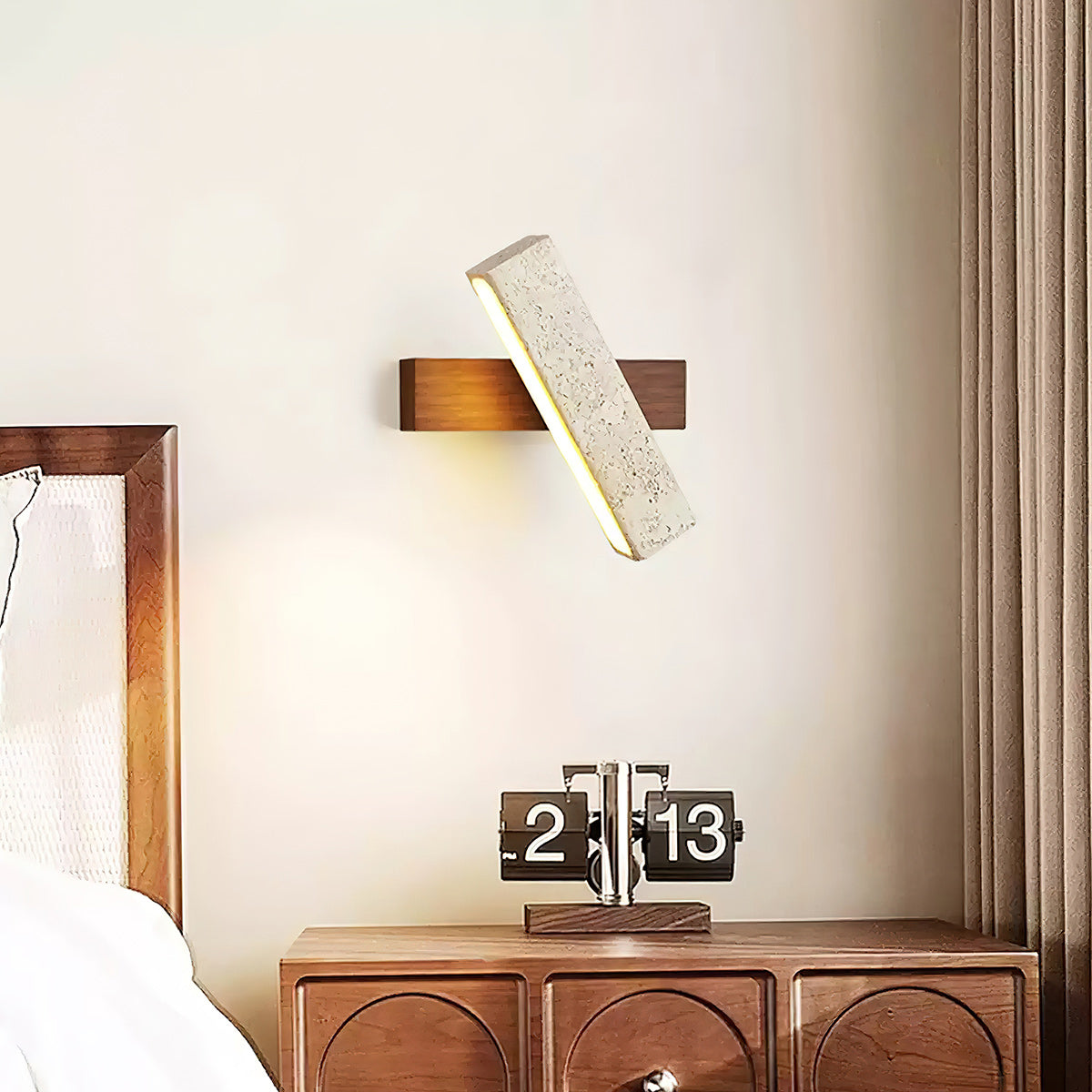 Ostruvyo moderne minimalistische wandlamp van walnoot en travertin
