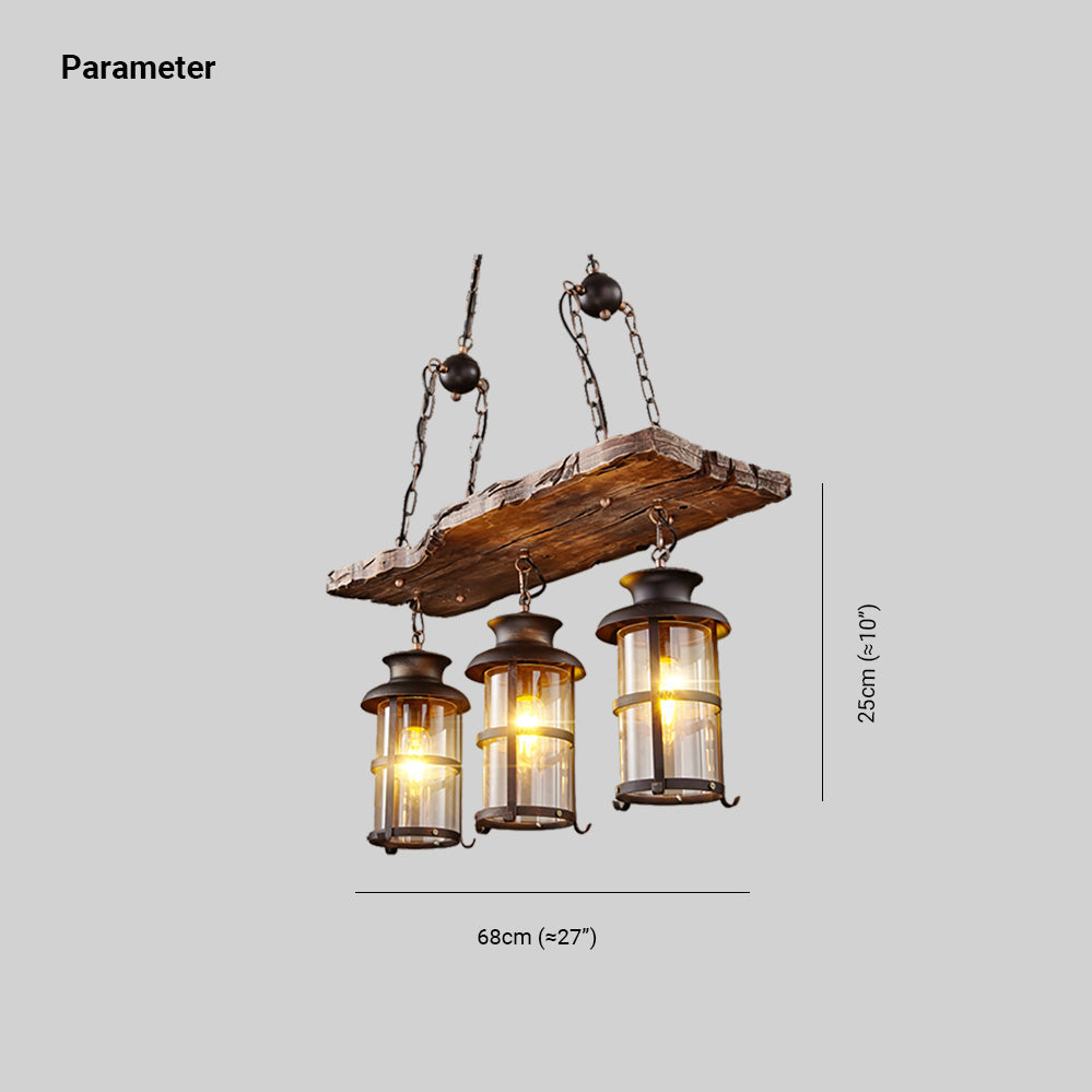 Brio Retro Design Hanglamp 3 Lantaarns Lineair  Hout/Metaal, Kroonluchter, Woonk/Slaapkamer