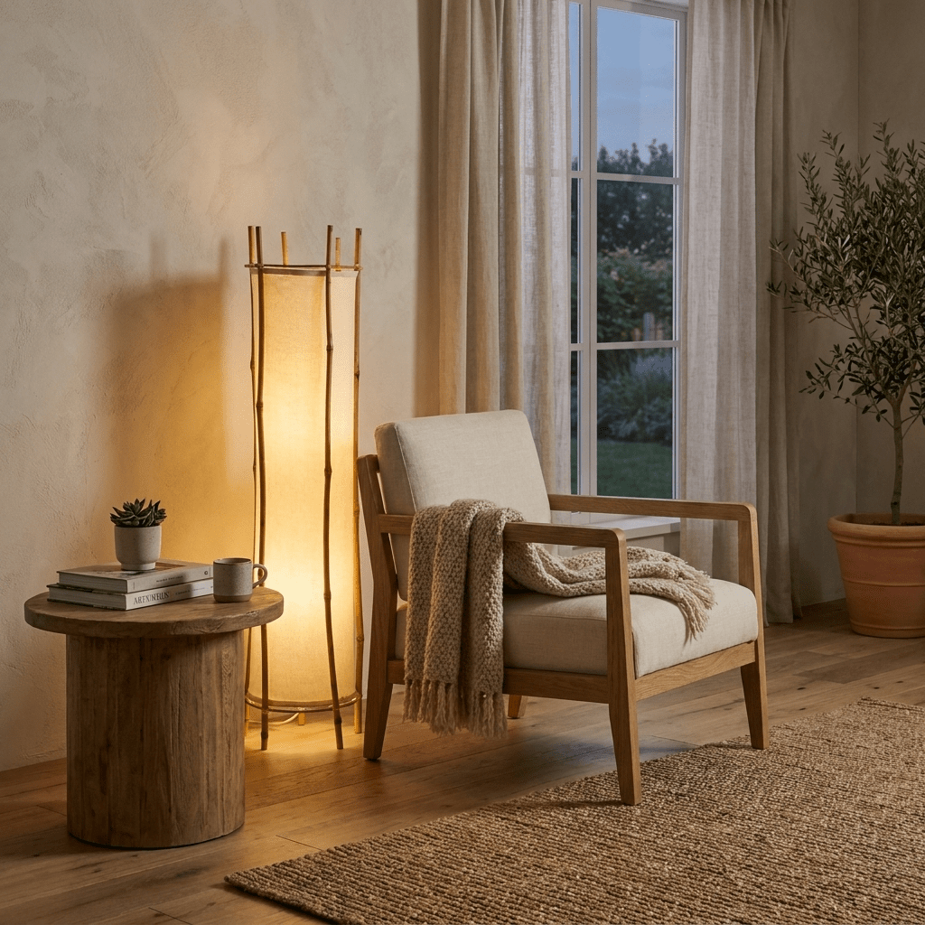 Canuia vloerlamp met bamboe-veil en lampenkap