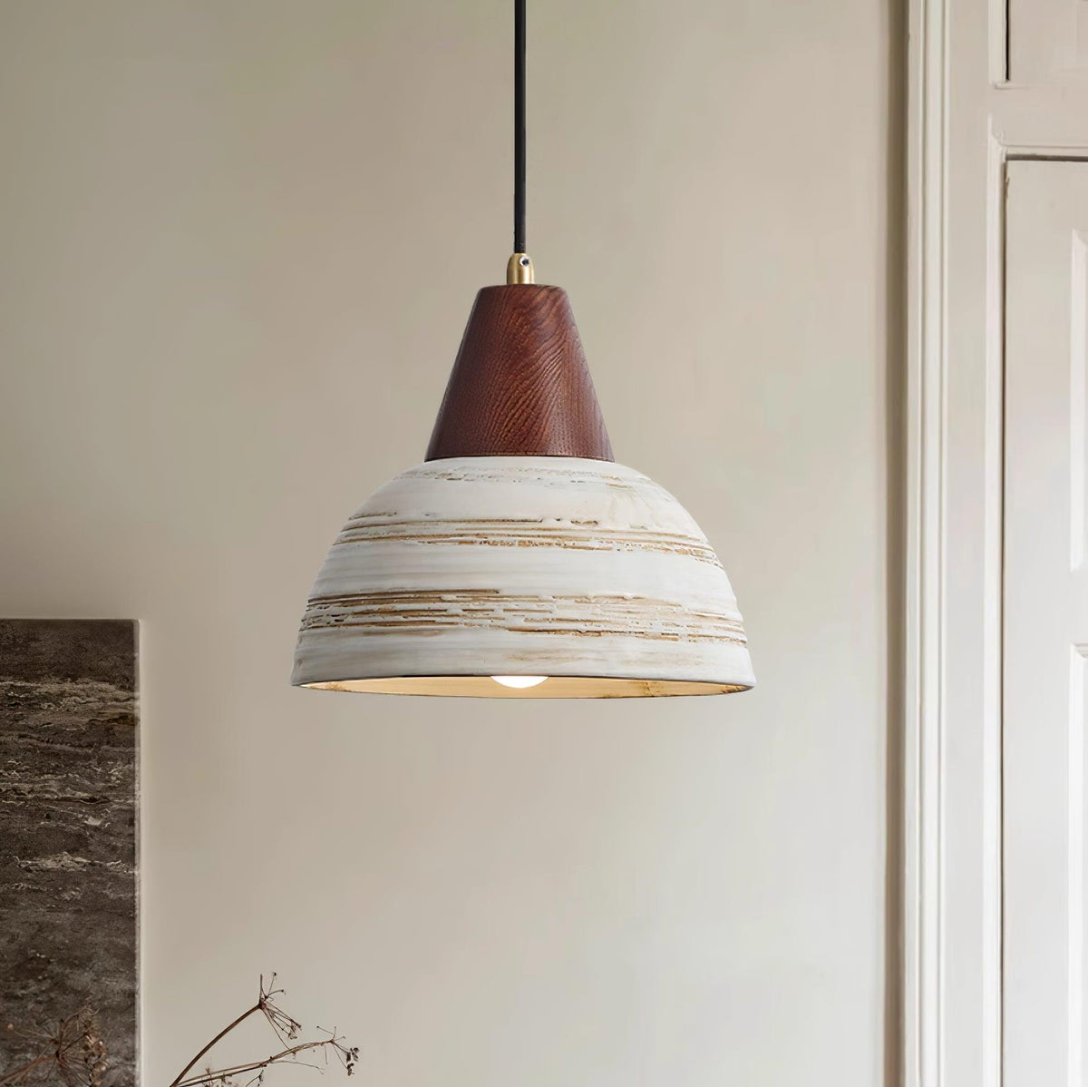 Moderne hanglamp met textuurkeramische kap, getaperd, Noordse minimalistisch