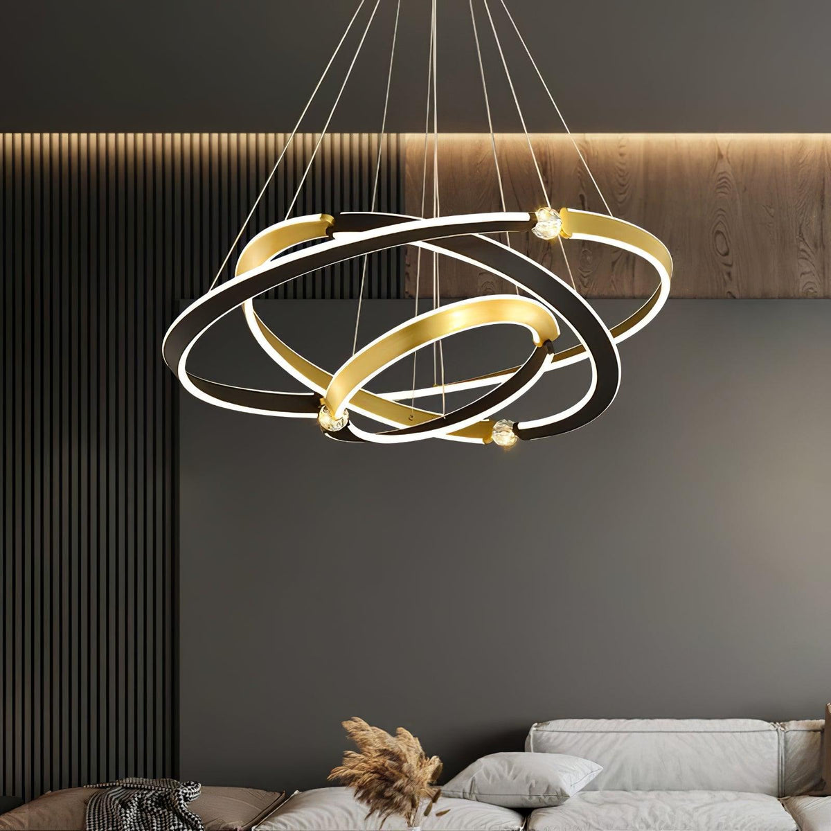 Elyerora kroonluchter kristal zwart goud LED ring modern voor eetkamer