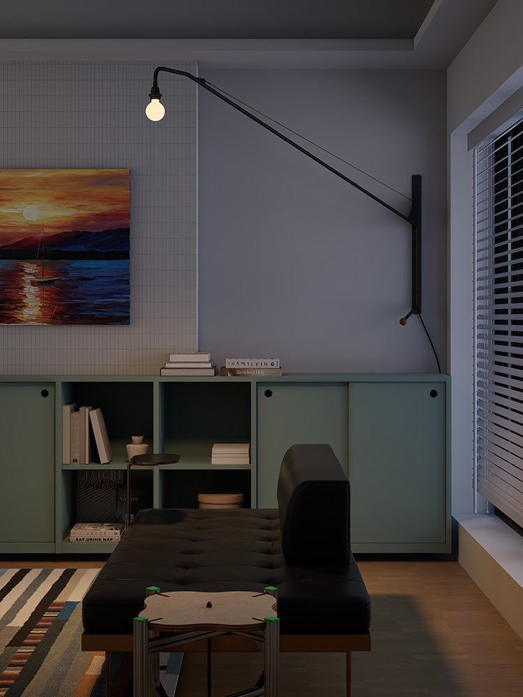 Zwarte wandlamp met lange arm