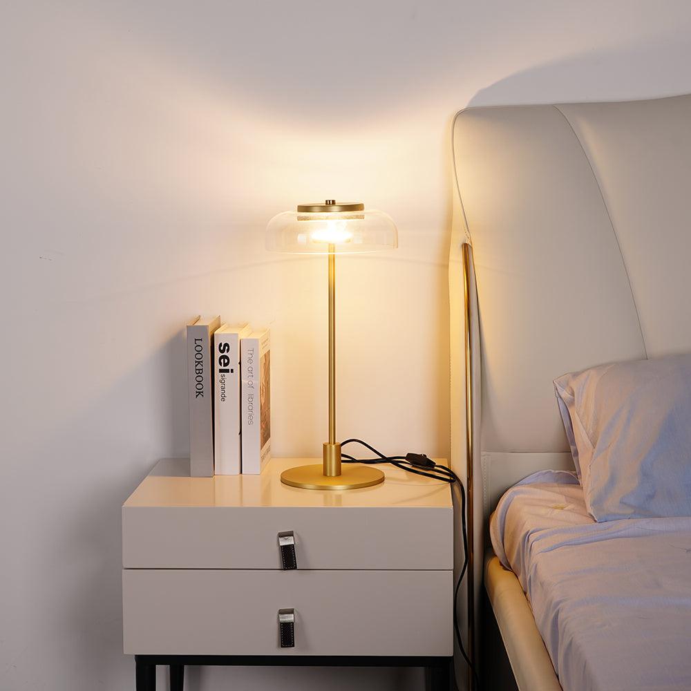 Rinelette tafellamp heldere glazen kap houten voet