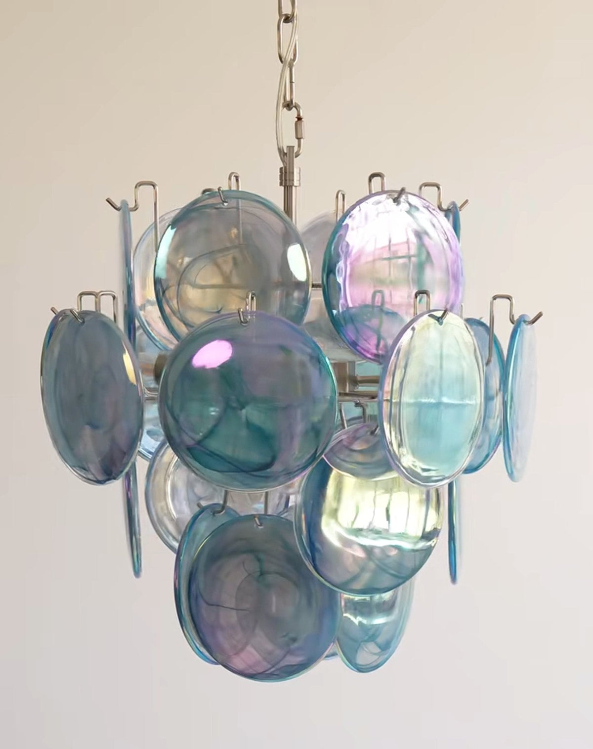 Liororine kroonluchter met blauwe Murano-glas schijven in vintage stijl