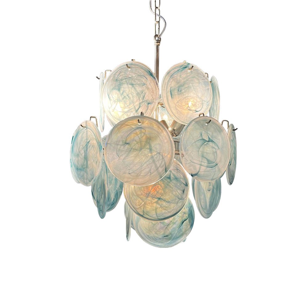 Liororine kroonluchter met blauwe Murano-glas schijven in vintage stijl