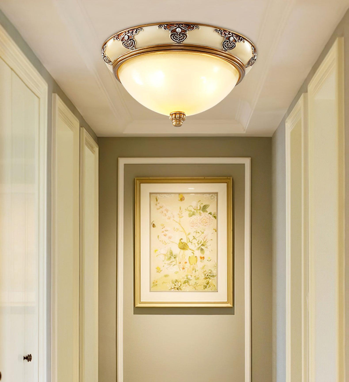 Eiriveon plafondlamp met matglas en antiek beige frame