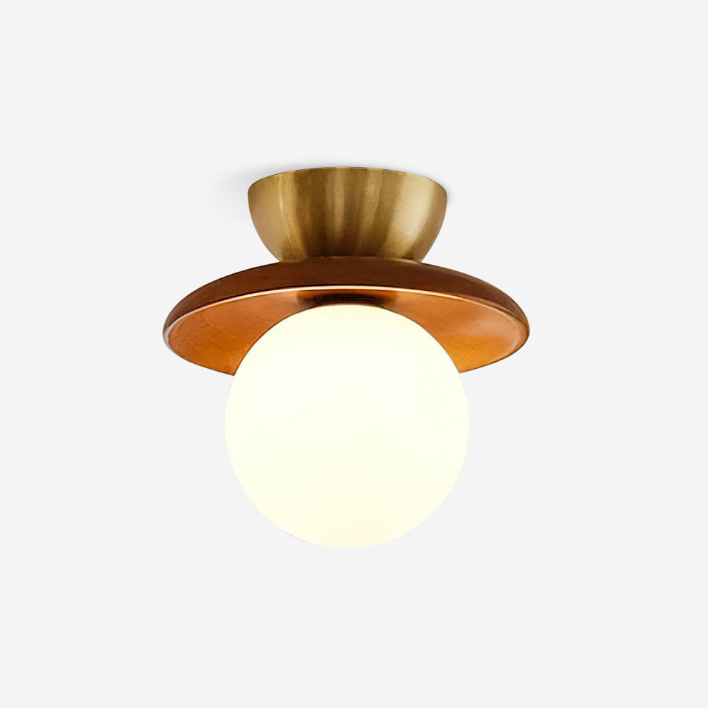 Brody plafondlamp van glas bolvormig opalglas messing walnoot