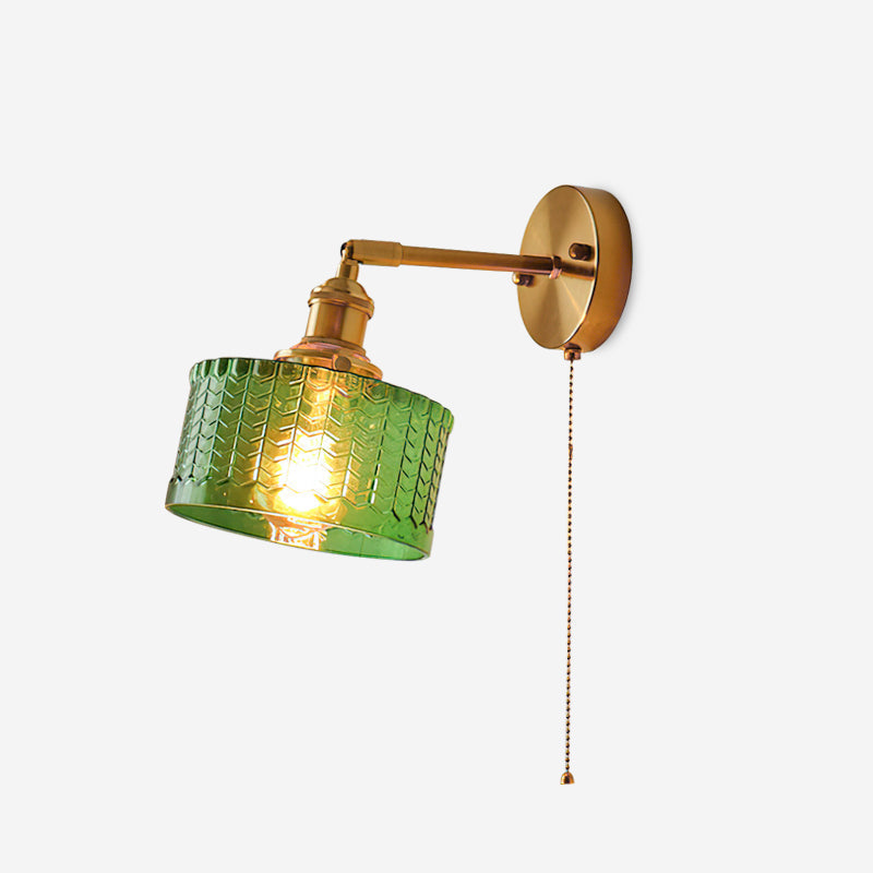 Rilo wandlamp messing met groen/helder glazen kap en trekkoord