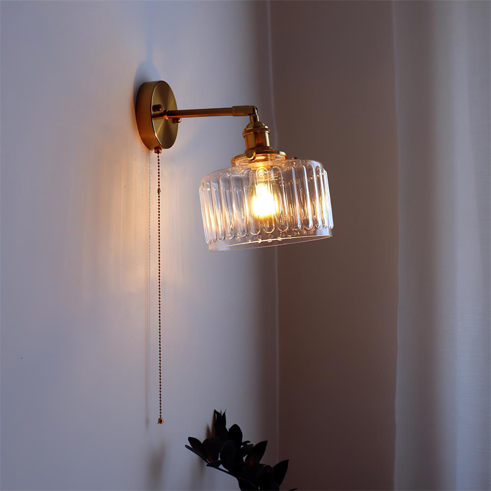 Rilo wandlamp messing met groen/helder glazen kap en trekkoord