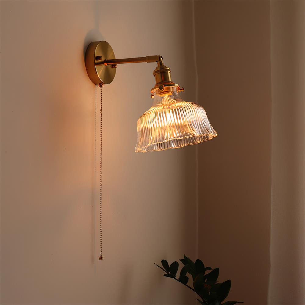 Rilo wandlamp messing met groen/helder glazen kap en trekkoord