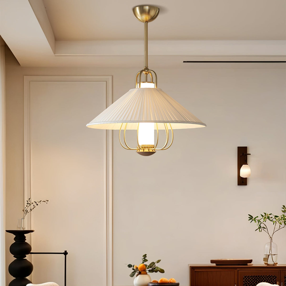 Solisiella hanglamp stof goud LED voor eetkamer