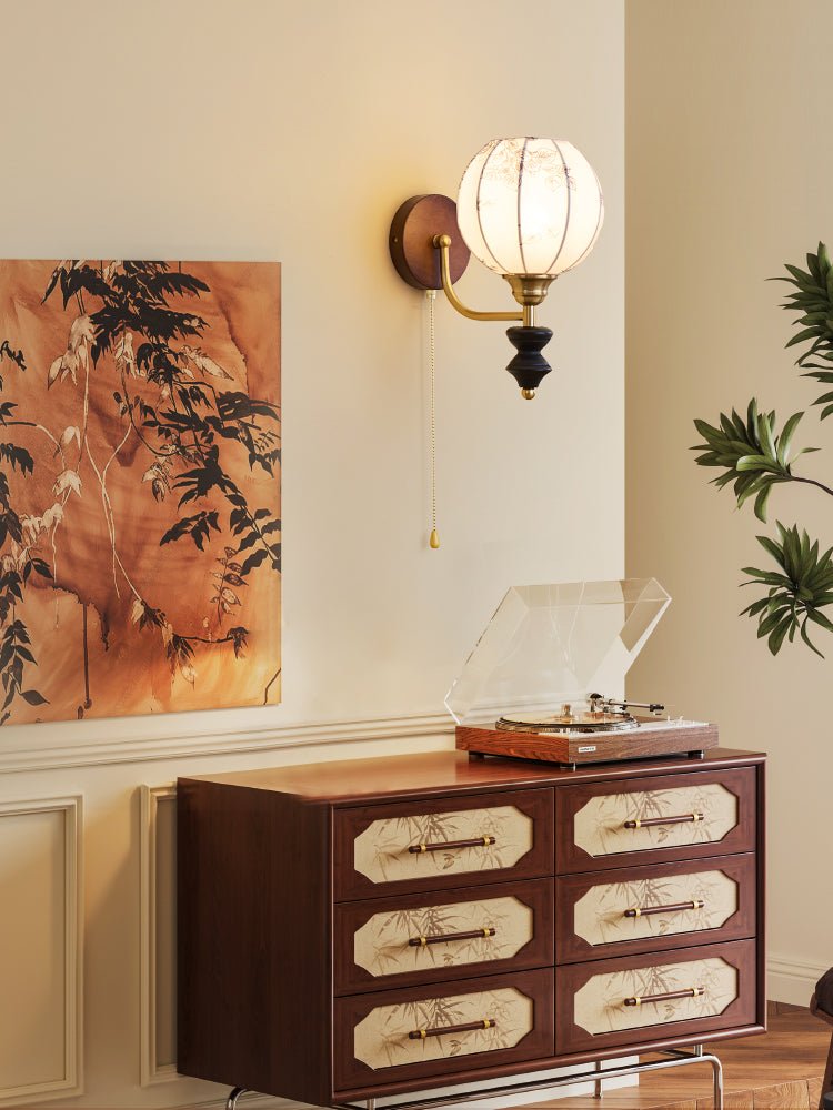 Eshae Premium Noordse kunst wandlamp met stoffen kap en hout
