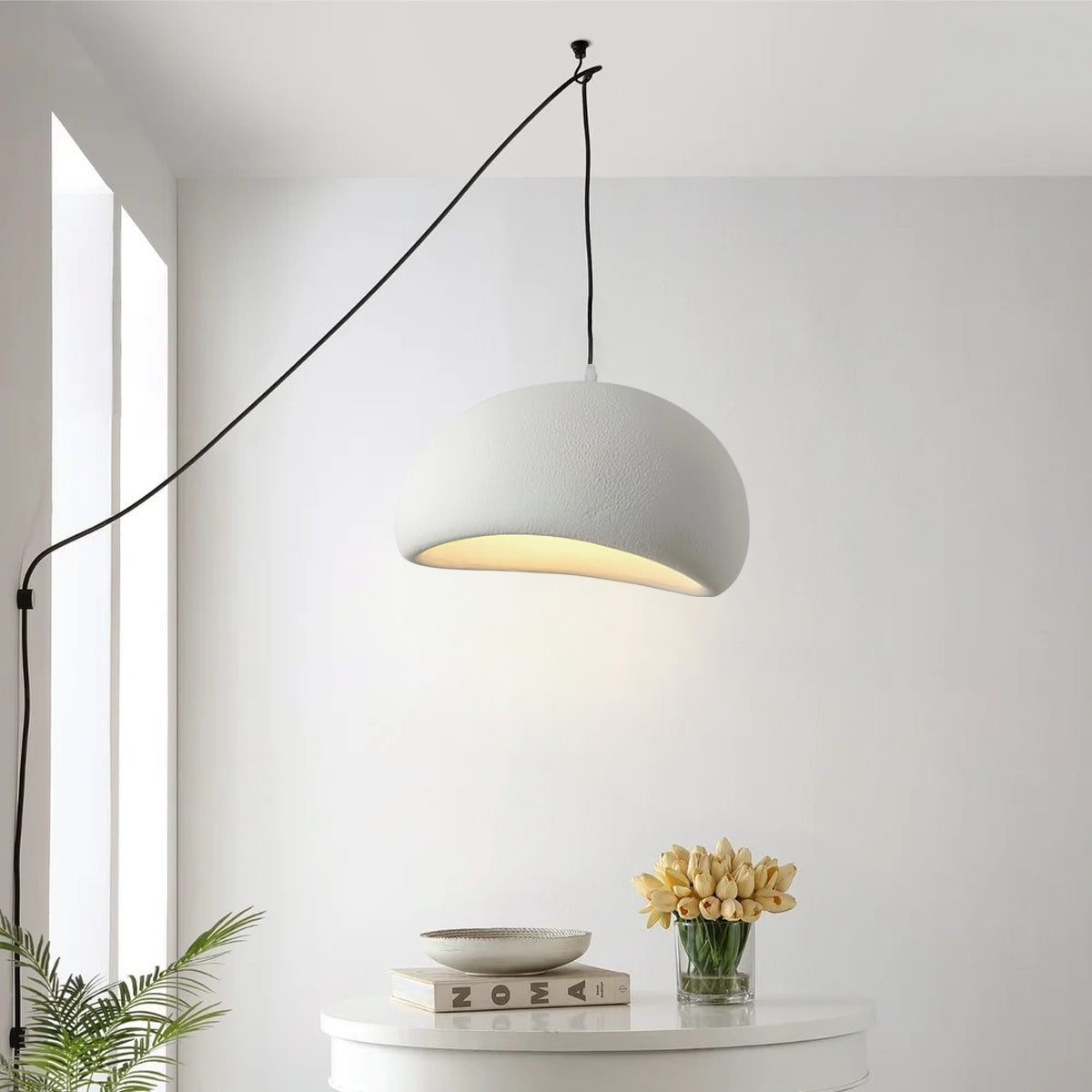 Ecor hanglamp kalkstenen halfrond met stekker in wabi-sabi stijl
