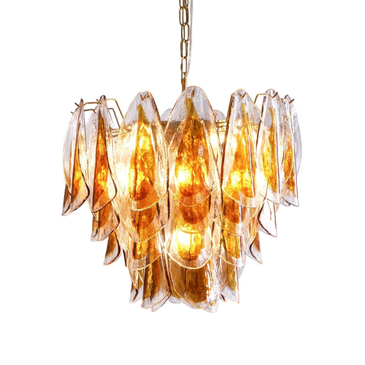 Lioraora kroonluchter met gelaagde amberkleurige bladvormige glasplaten voor organische warmte