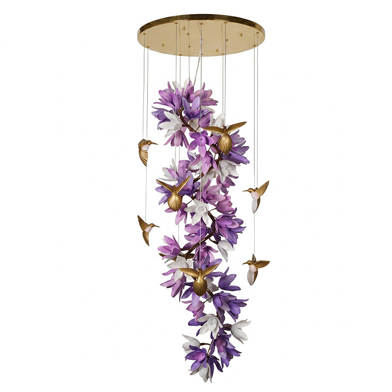 Riveora kroonluchter met goudkleurige afwerking en paarse bloemen
