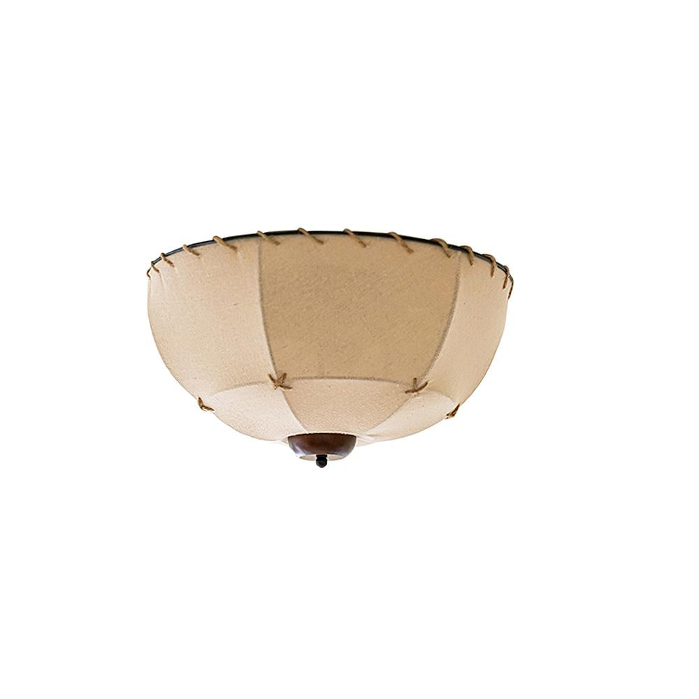 Plafondlamp met handgemaakte kap van hout en stof, rustiek
