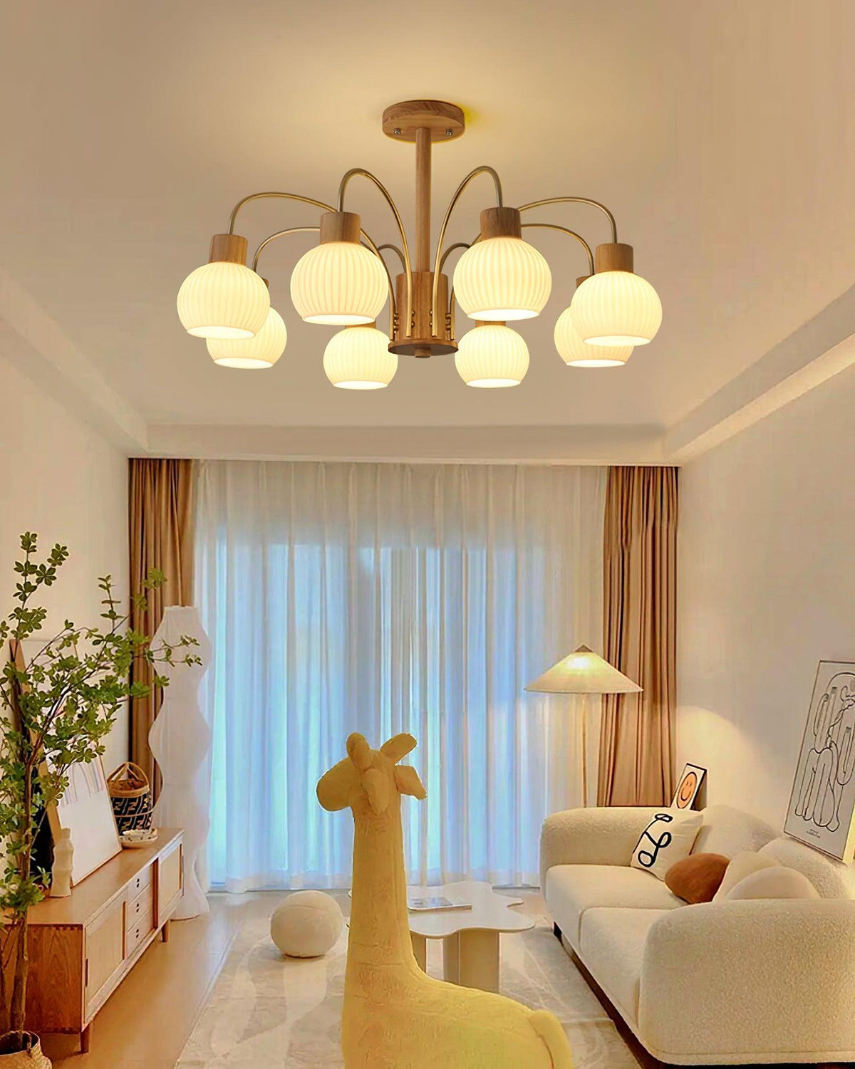 Sylorine Kroonluchter Houten 6 Lichtpunten Elegante glas