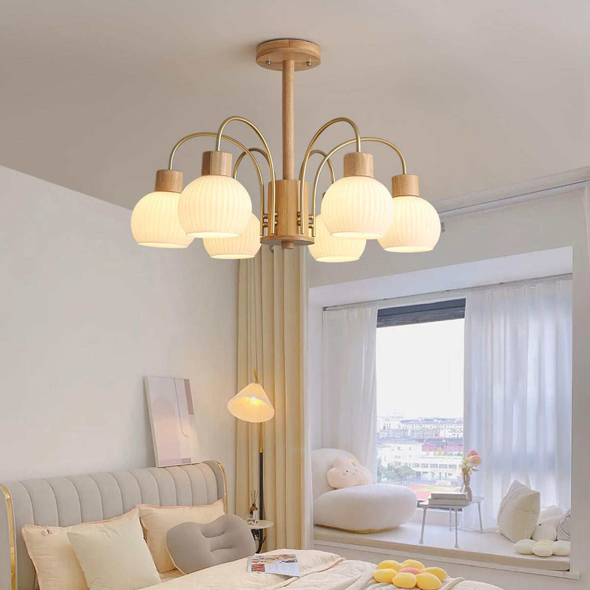 Sylorine Kroonluchter Houten 6 Lichtpunten Elegante glas