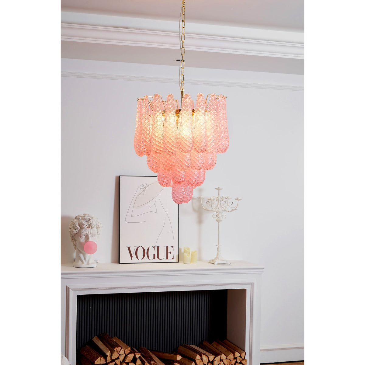 Veliena Kroonluchter Roze Murano-glasdruppels Diamantpatroon Waterval