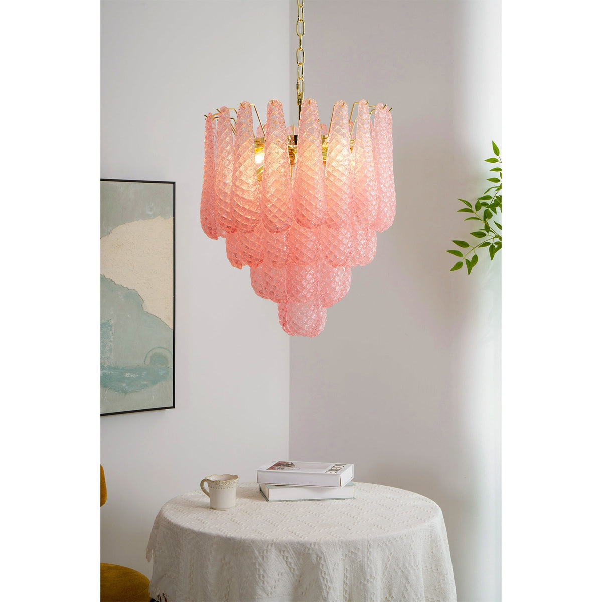 Veliena Kroonluchter Roze Murano-glasdruppels Diamantpatroon Waterval
