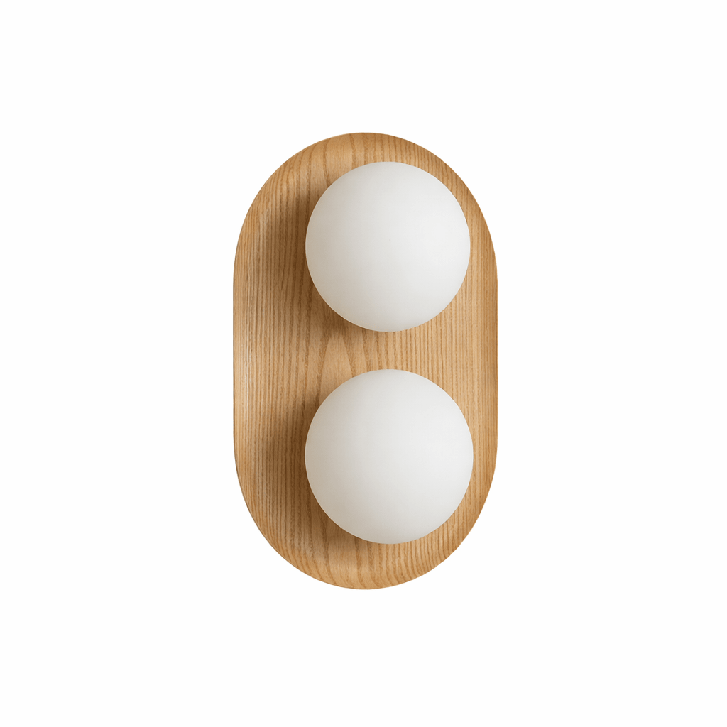 Twin Orb wandlamp met eiken achterplaat