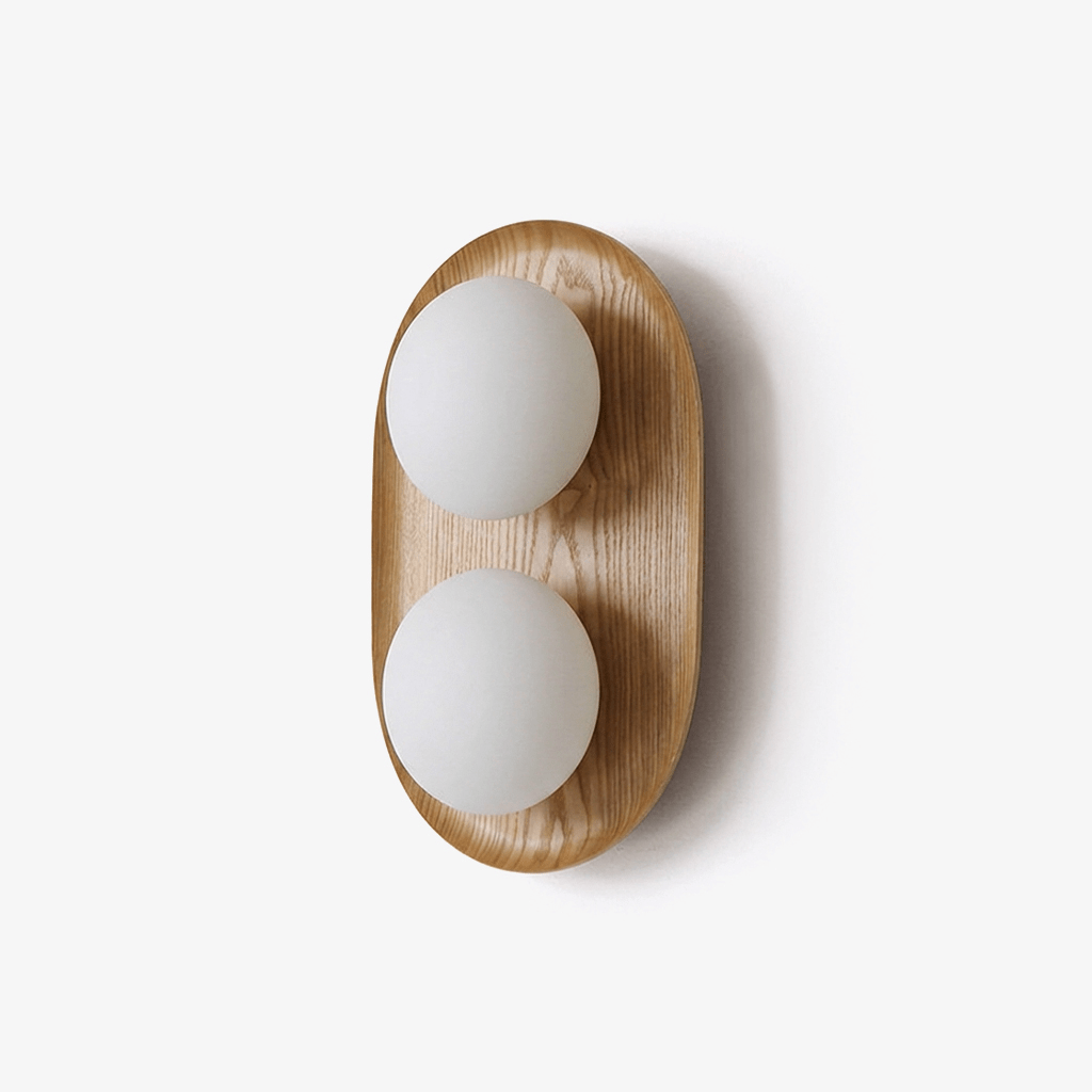 Twin Orb wandlamp met eiken achterplaat