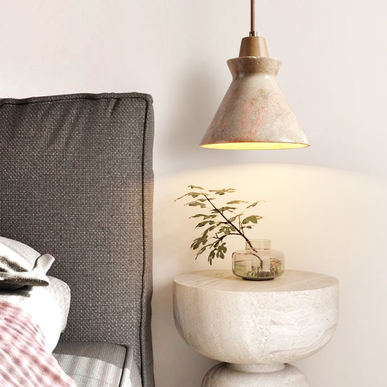 Ember hanglamp met geel travertin en walnoot