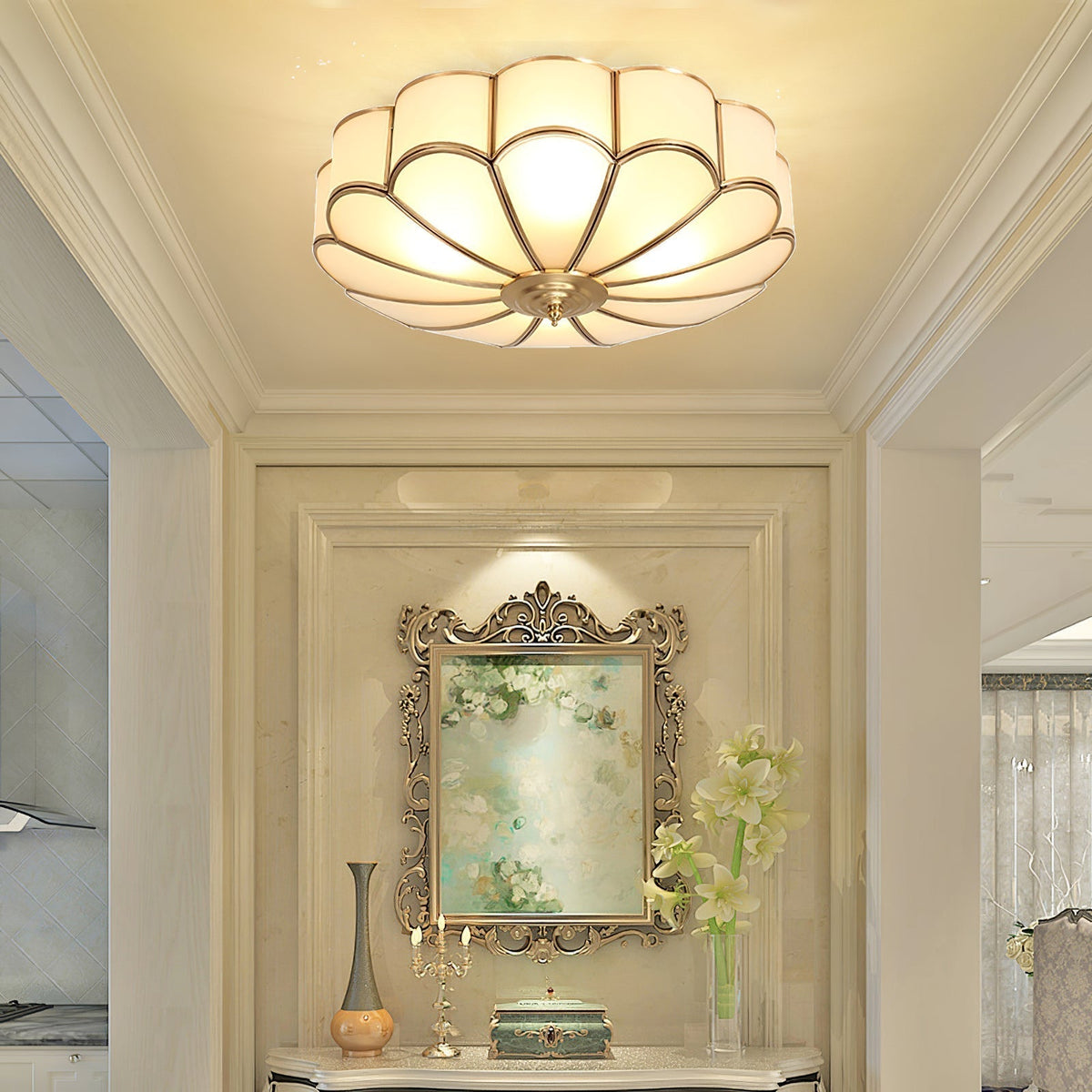Eiroria Bloemvormige plafondlamp van messing met glas