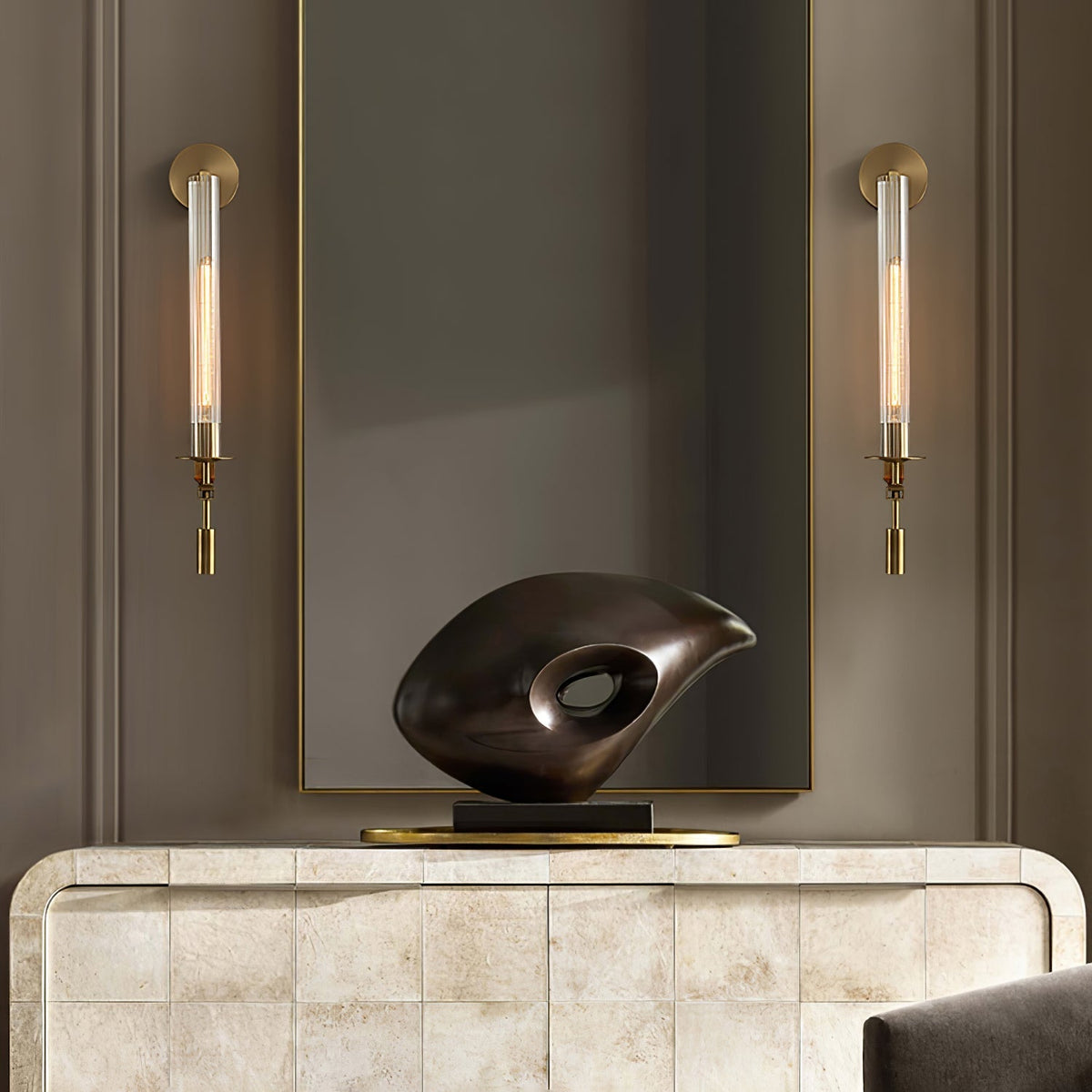 Veloora wandlamp messing Minimalistisch Geribbelde glas