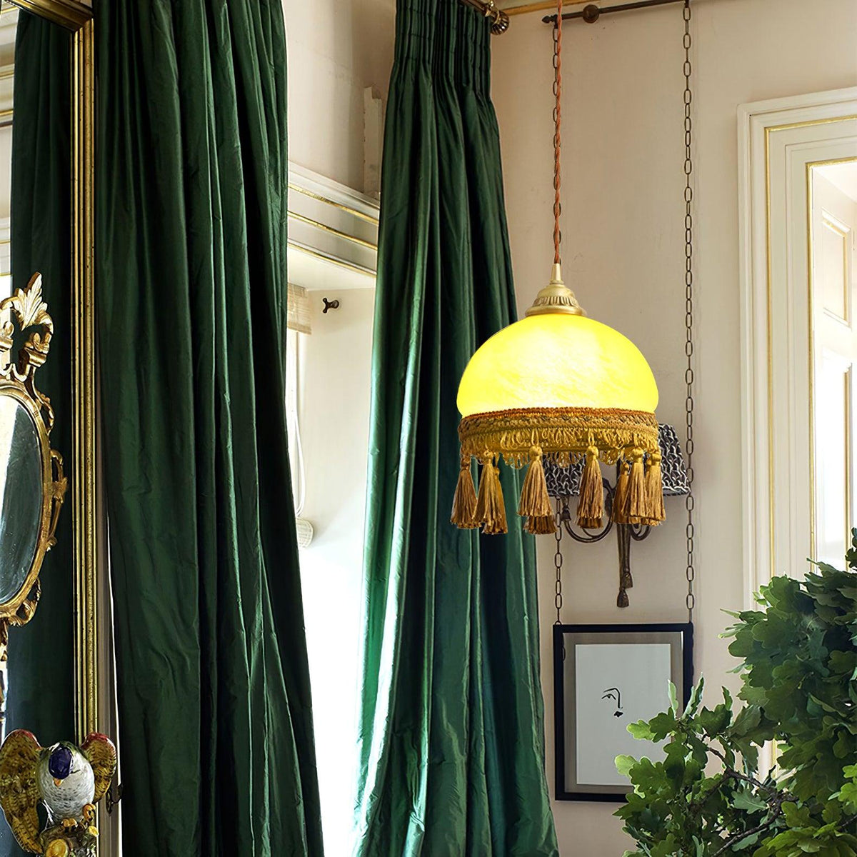 Sycaran hanglamp met franjes in messing en glas