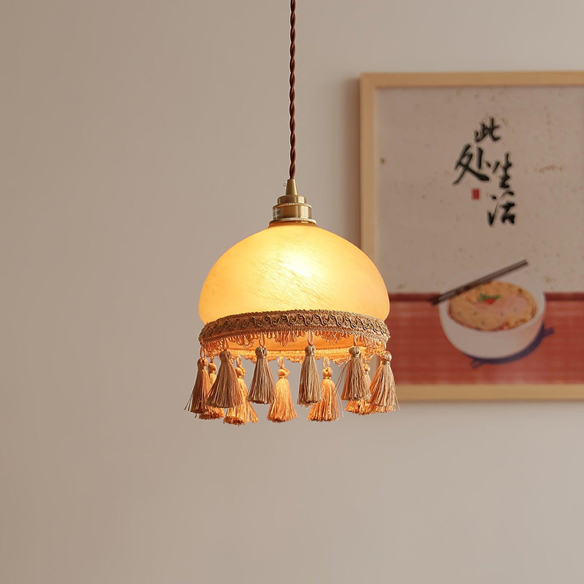 Sycaran hanglamp met franjes in messing en glas