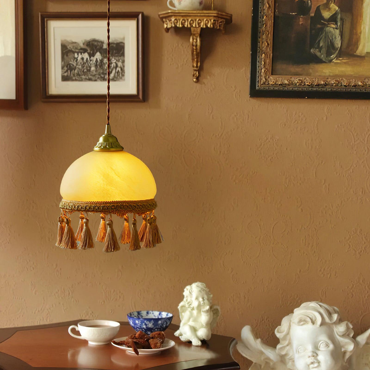Sycaran hanglamp met franjes in messing en glas